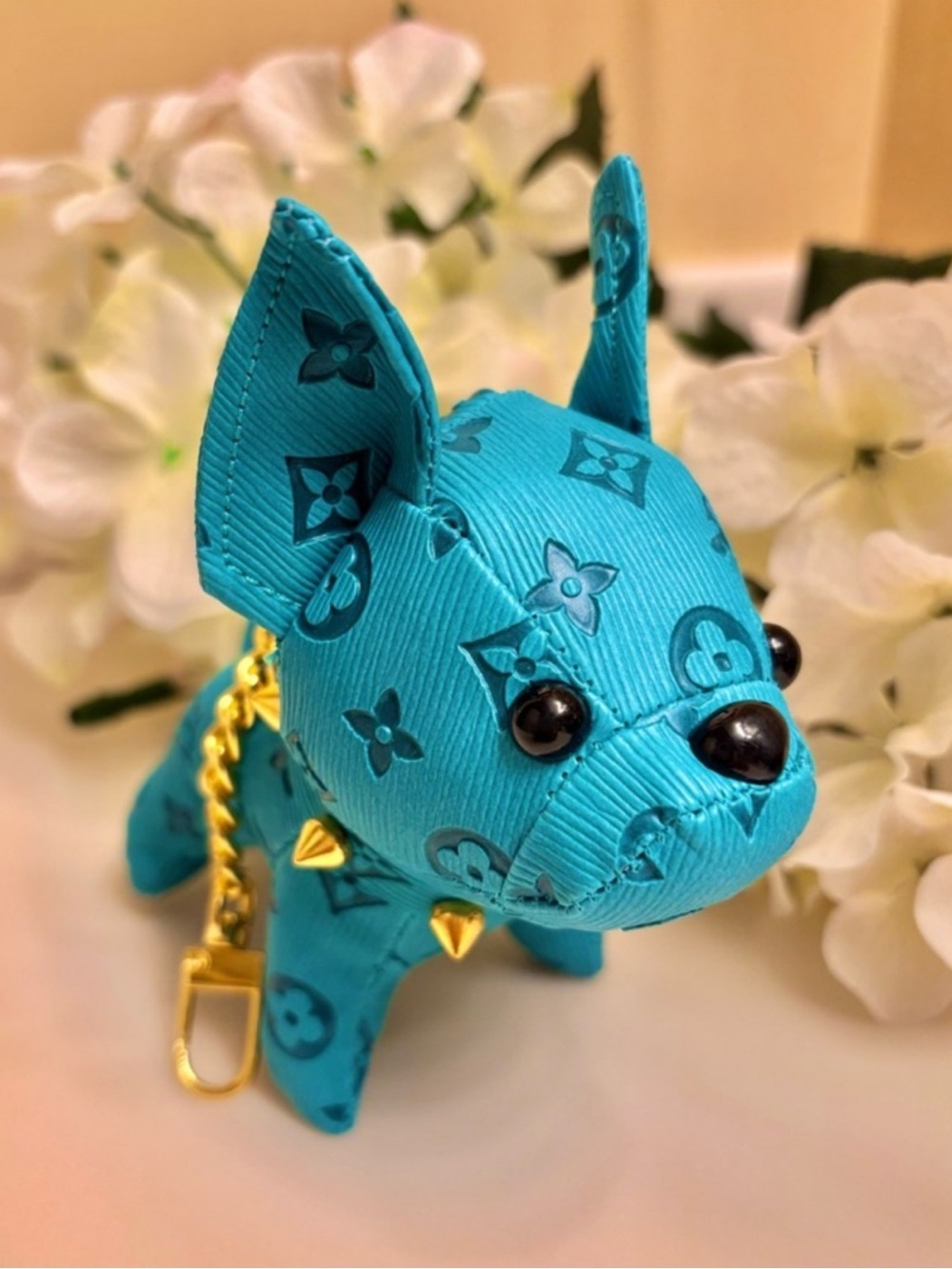 Bag Charm/Key Fob adorable Turquoise Frenchie Dog with spiked collar! - Picture 3 of 6